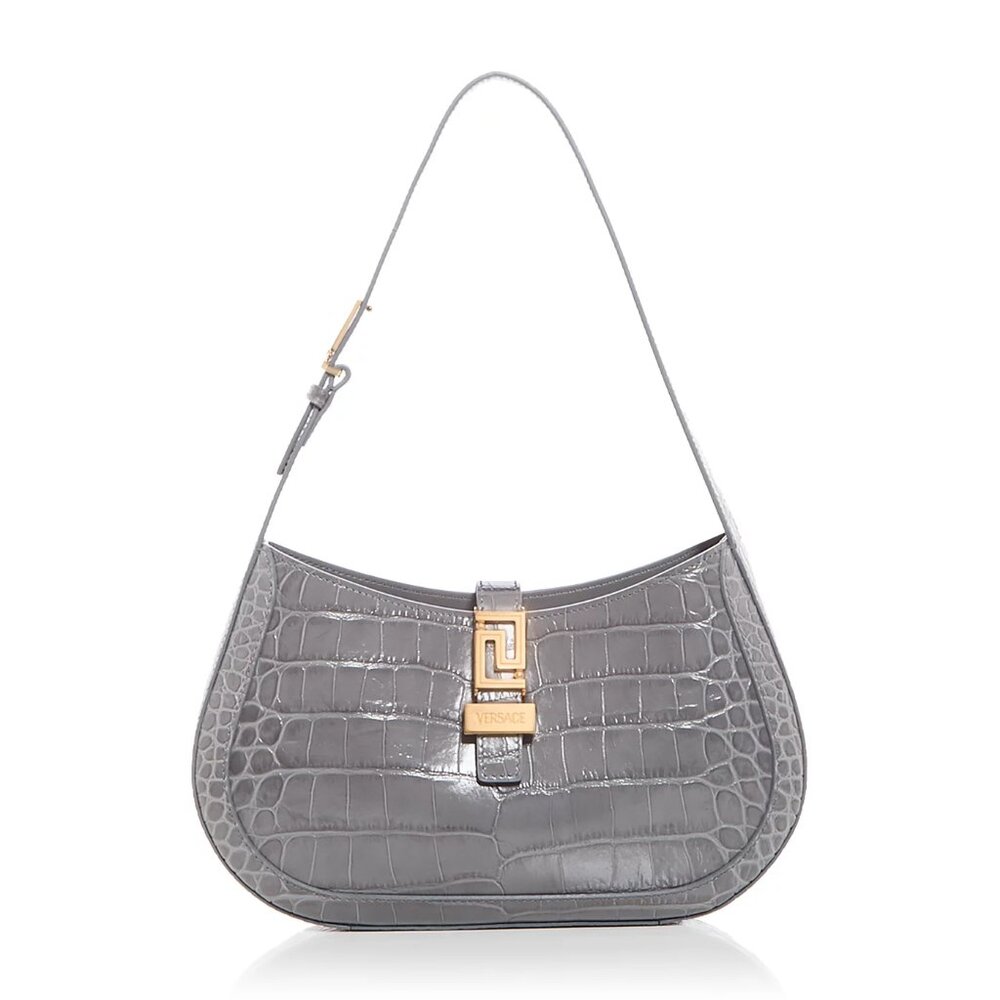Versace Greca Croc Embossed Leather Shoulder Bag – Gray